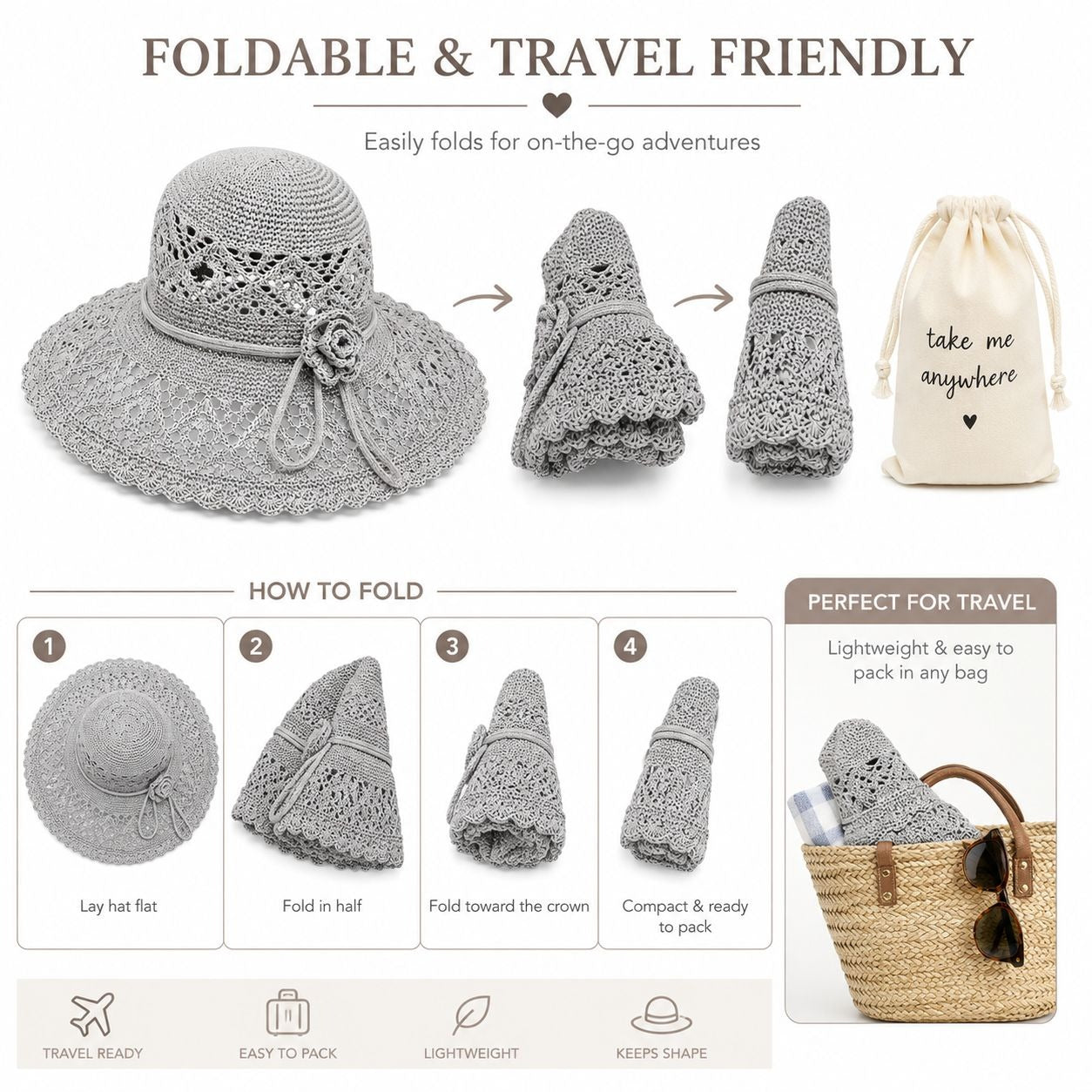 Light Gray Wide Brim Sun Hat Foldable Travel Beach Hat Adjustable Chin Strap Garden Resort Hat
