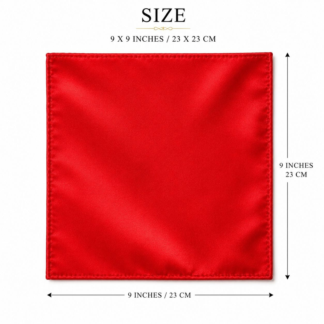 A red square satin-like fabric piece shown on a white background with size annotations above it, reading 9 x 9 inches / 23 x 23 cm.