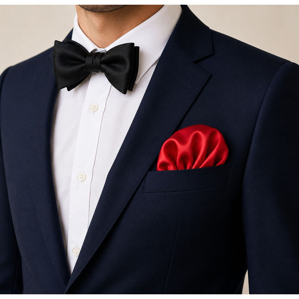 A close-up of a man wearing a navy blue suit jacket, white dress shirt, black bow tie, and a bright red satin pocket square.