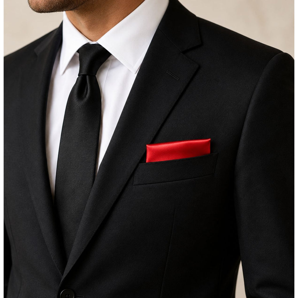 A close-up of a man wearing a black suit jacket, black tie, white dress shirt, and a bright red pocket square.