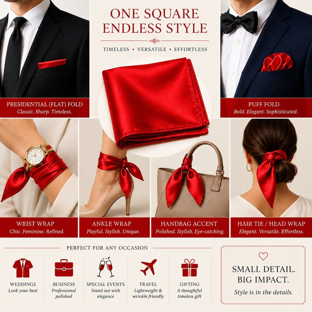 A promotional collage showing a red satin neck scarf styled in multiple ways: folded as a pocket square, worn as a wrist wrap, ankle wrap, handbag accent, hair tie, and dressed with a bow tie and suit. The layout includes text labels for each style and icons for occasions such as weddings, business, and travel.