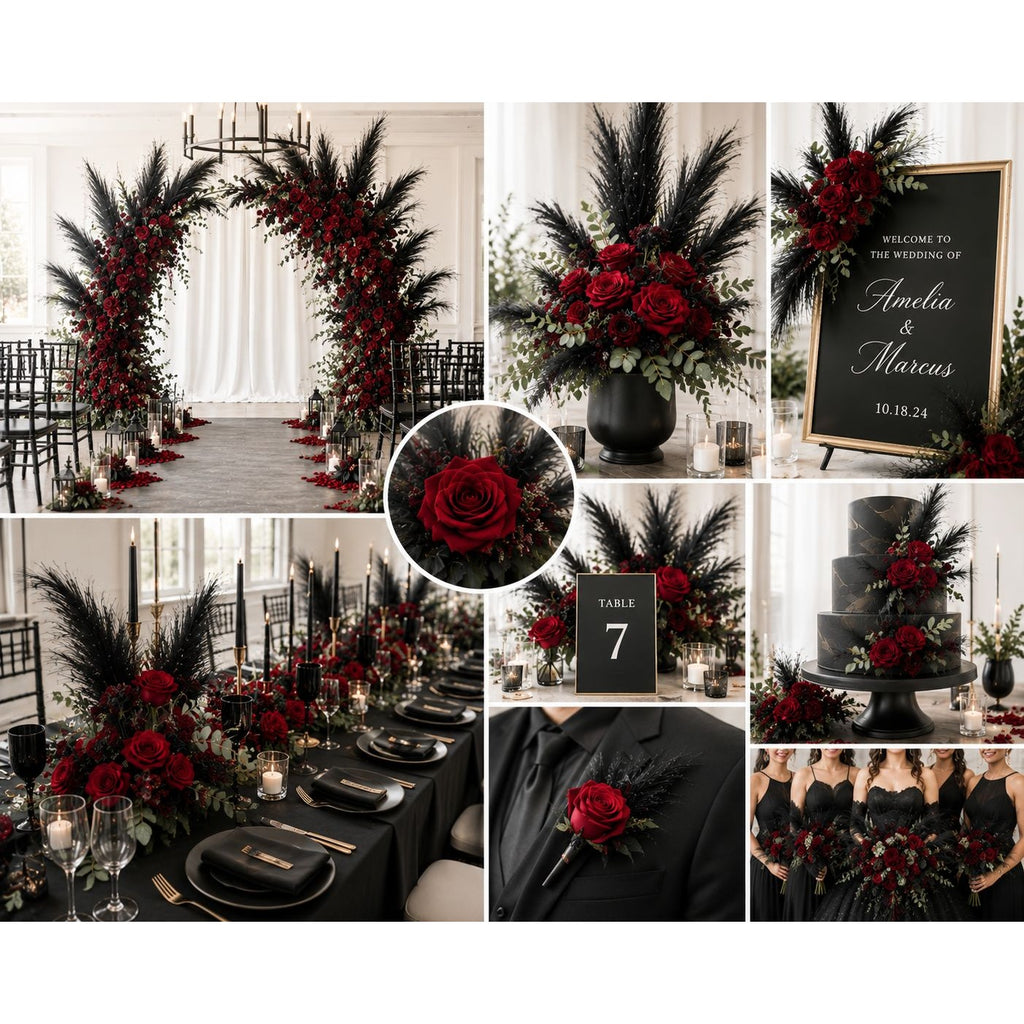 Collage of wedding decor with red and black flowers, table settings, and cake.
