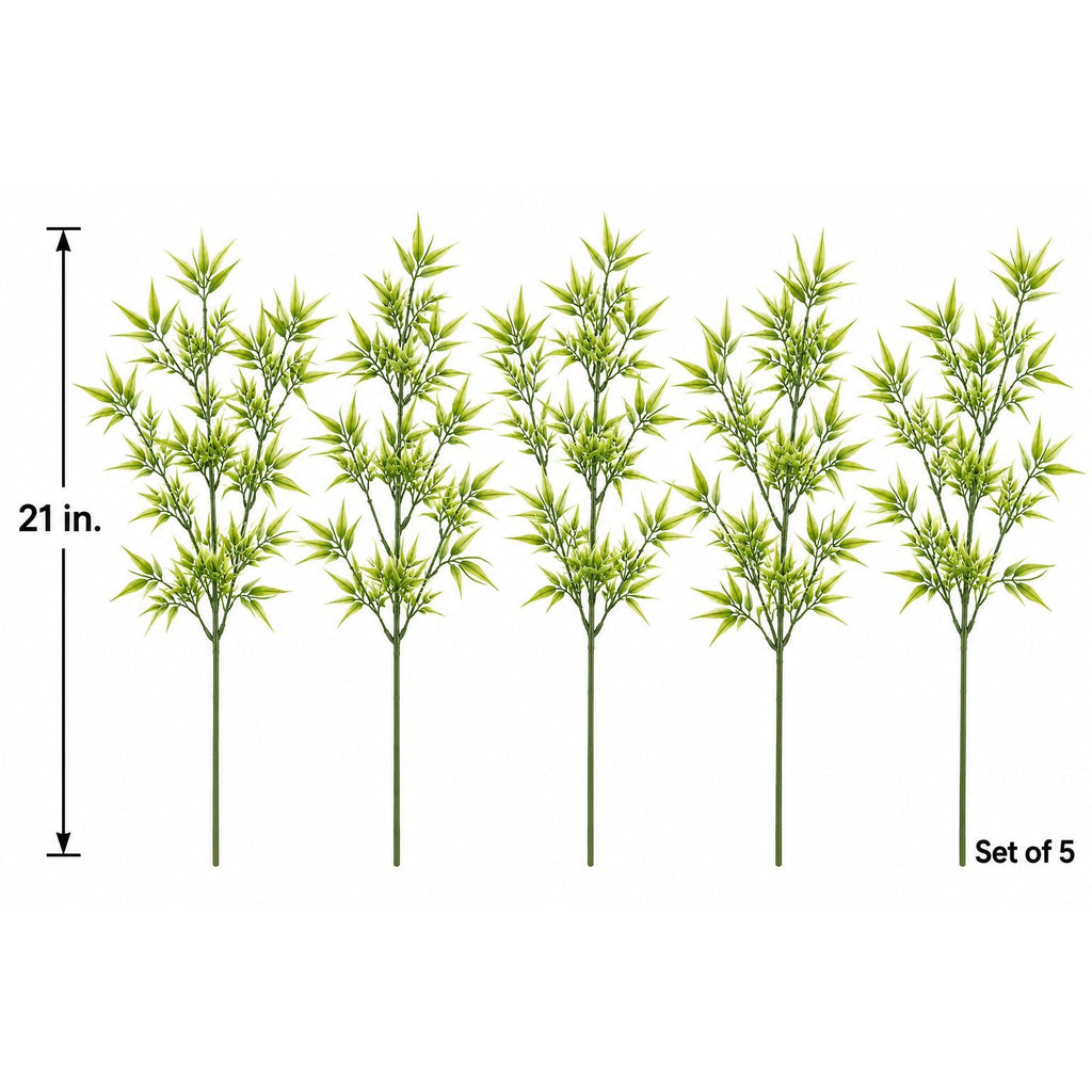 Five artificial bamboo plants with green and yellow-green leaves on long stems, shown on a white background with a 21-inch height marker and 'Set of 5' text.