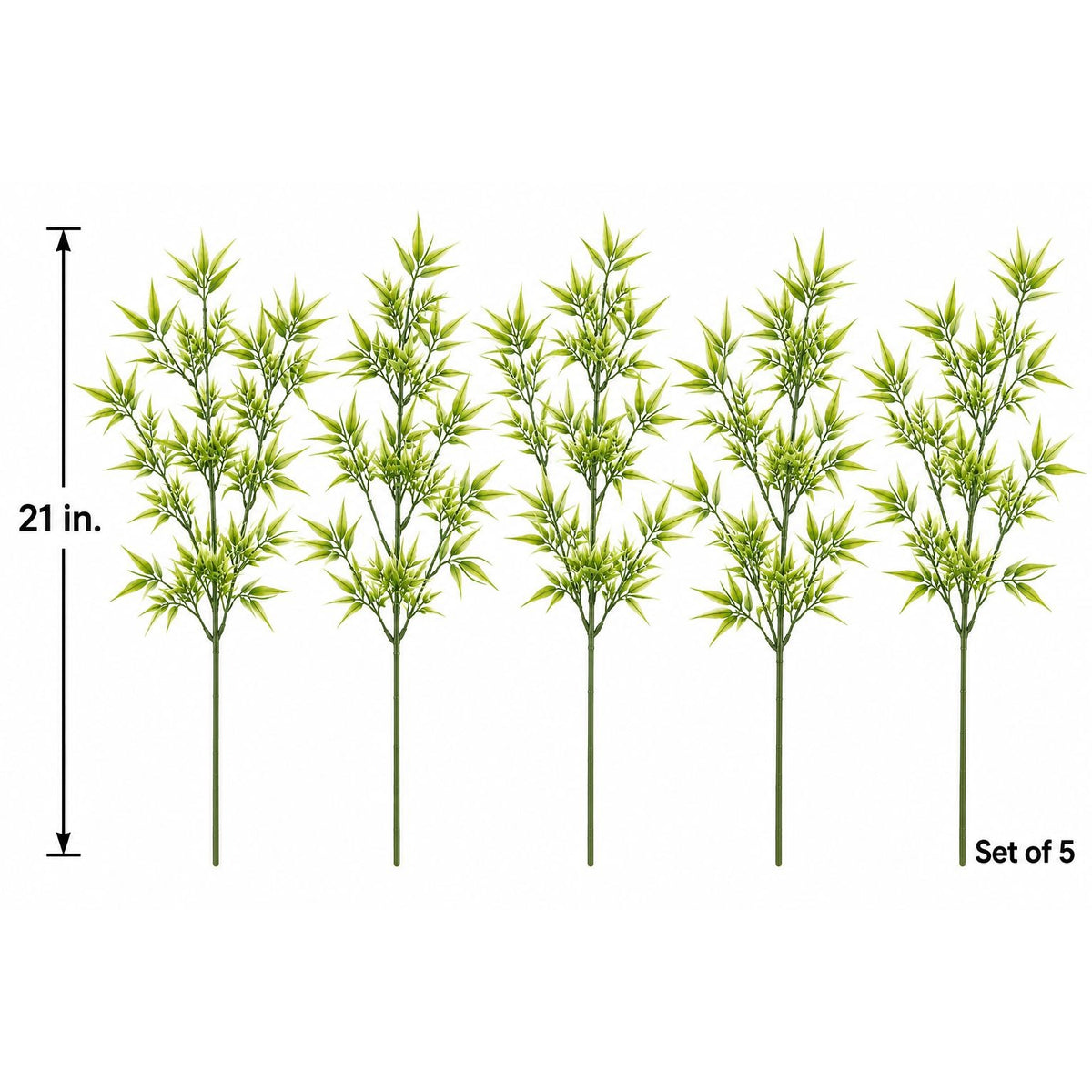 Five artificial bamboo plants with green and yellow-green leaves on long stems, shown on a white background with a 21-inch height marker and 'Set of 5' text.