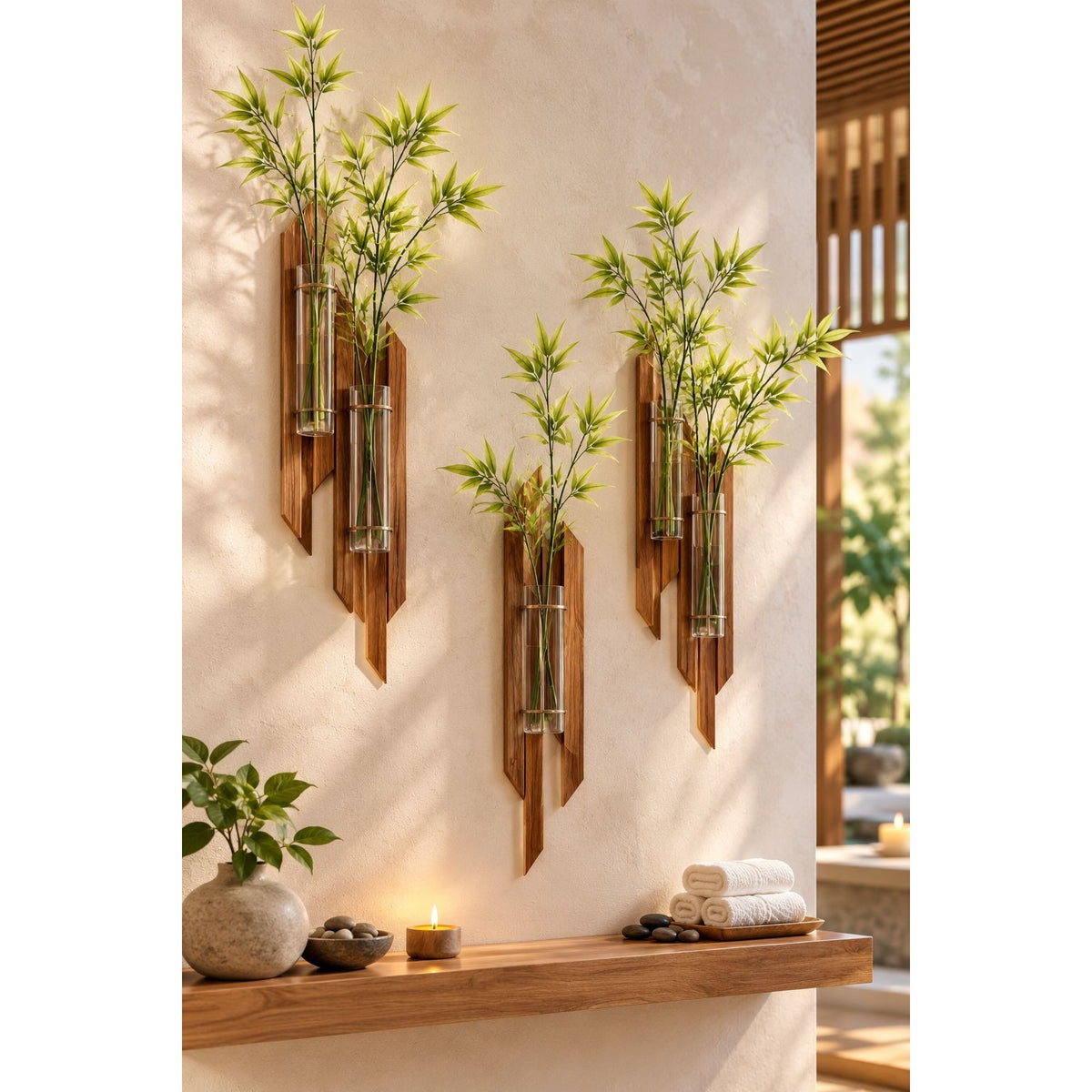 Three wall-mounted bamboo vases with clear glass tubes and angled wooden holders, displayed on a beige wall above a wooden shelf with a candle, stones, and rolled towels.