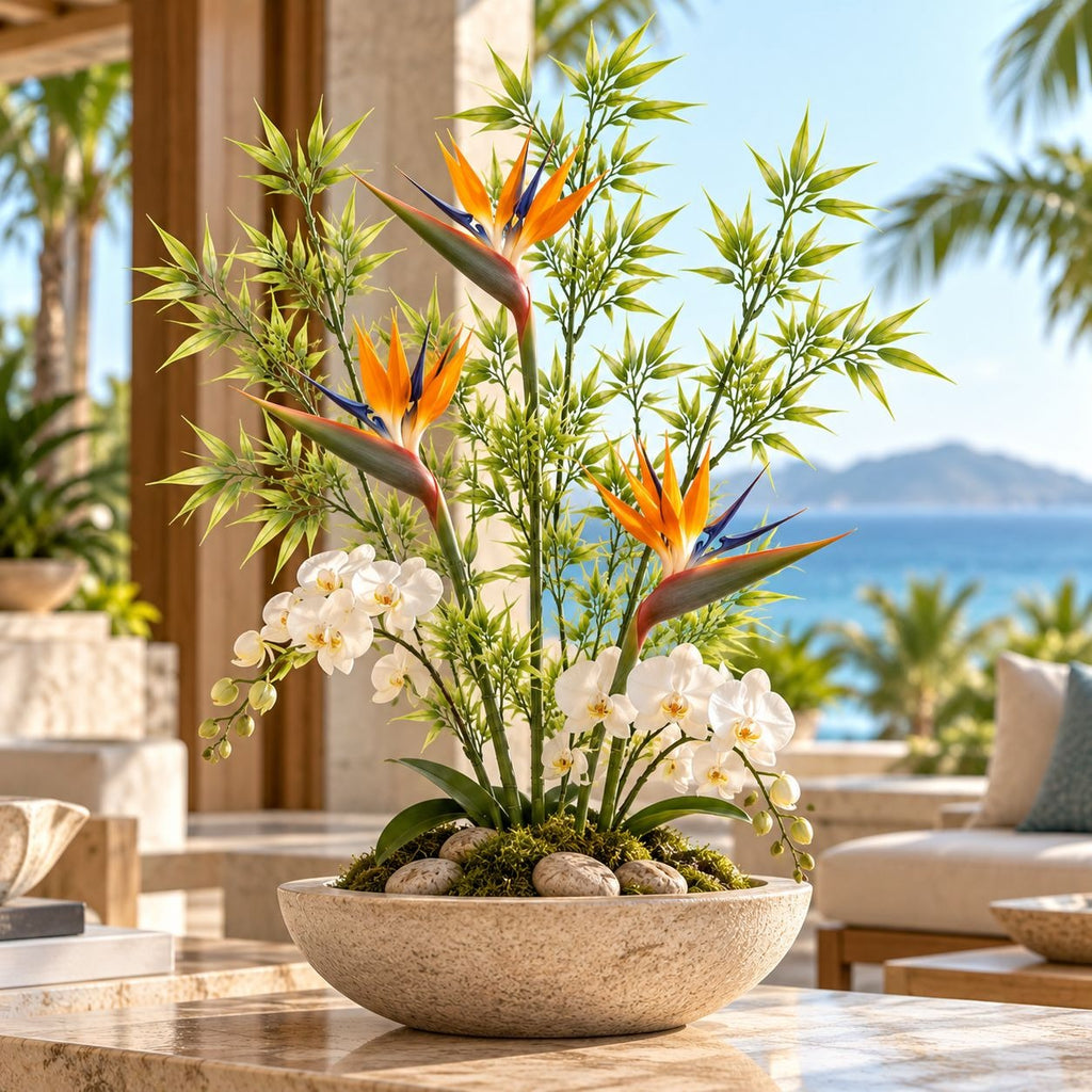 A tropical floral arrangement in a round beige stone planter, featuring white orchids, orange bird of paradise flowers, and green foliage, displayed on a marble table with a sunny outdoor patio and ocean view in the background.