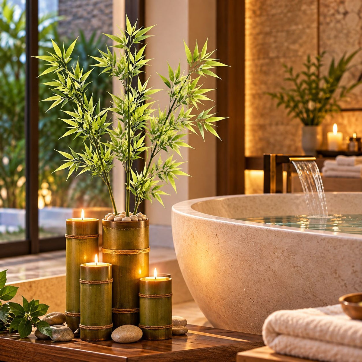 Decorative faux bamboo plant in a cluster of lit bamboo candle holders on a wooden tray beside a stone spa bathtub in a warm, modern bathroom setting.