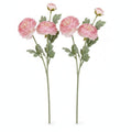 Two artificial pink ranunculus flower stems with green leaves and buds, shown against a plain white background.