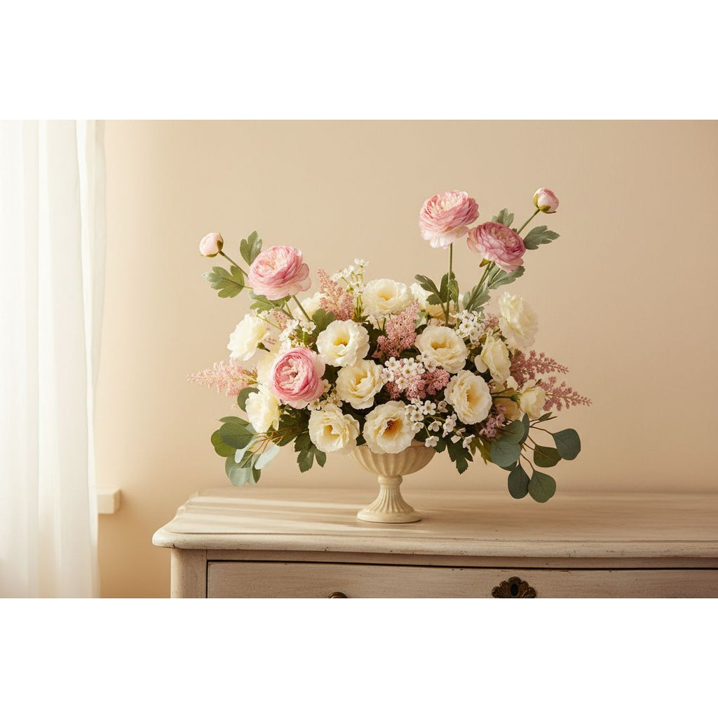 A floral arrangement of pink and cream roses, ranunculus, and green foliage in a cream-colored urn-shaped vase, displayed on a light wood console table against a warm beige wall.
