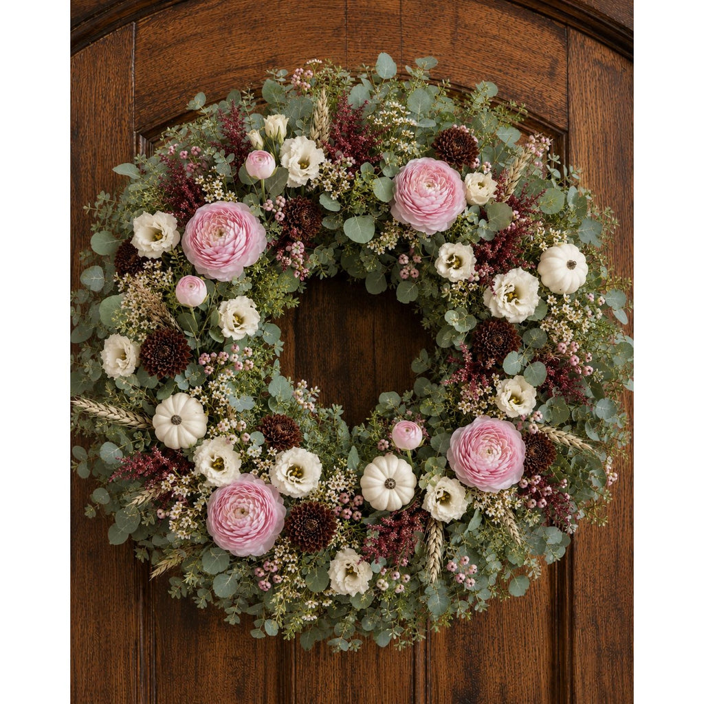 A floral wreath with pink ranunculus, white ranunculus, burgundy berries, eucalyptus, and small white pumpkins, displayed on a dark brown wooden door.