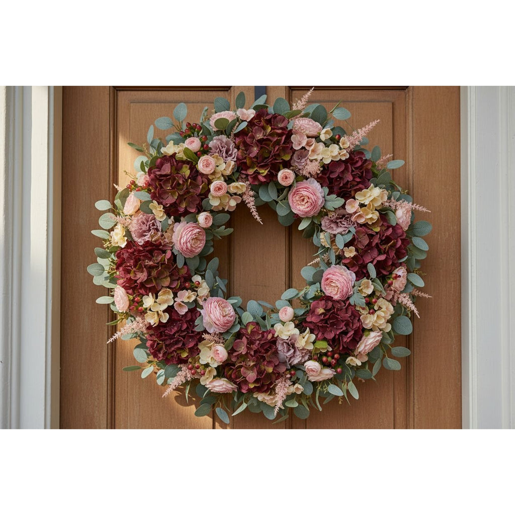 A circular floral wreath with burgundy hydrangeas, pink roses, cream blossoms, and green eucalyptus leaves, hanging on a brown wooden front door.