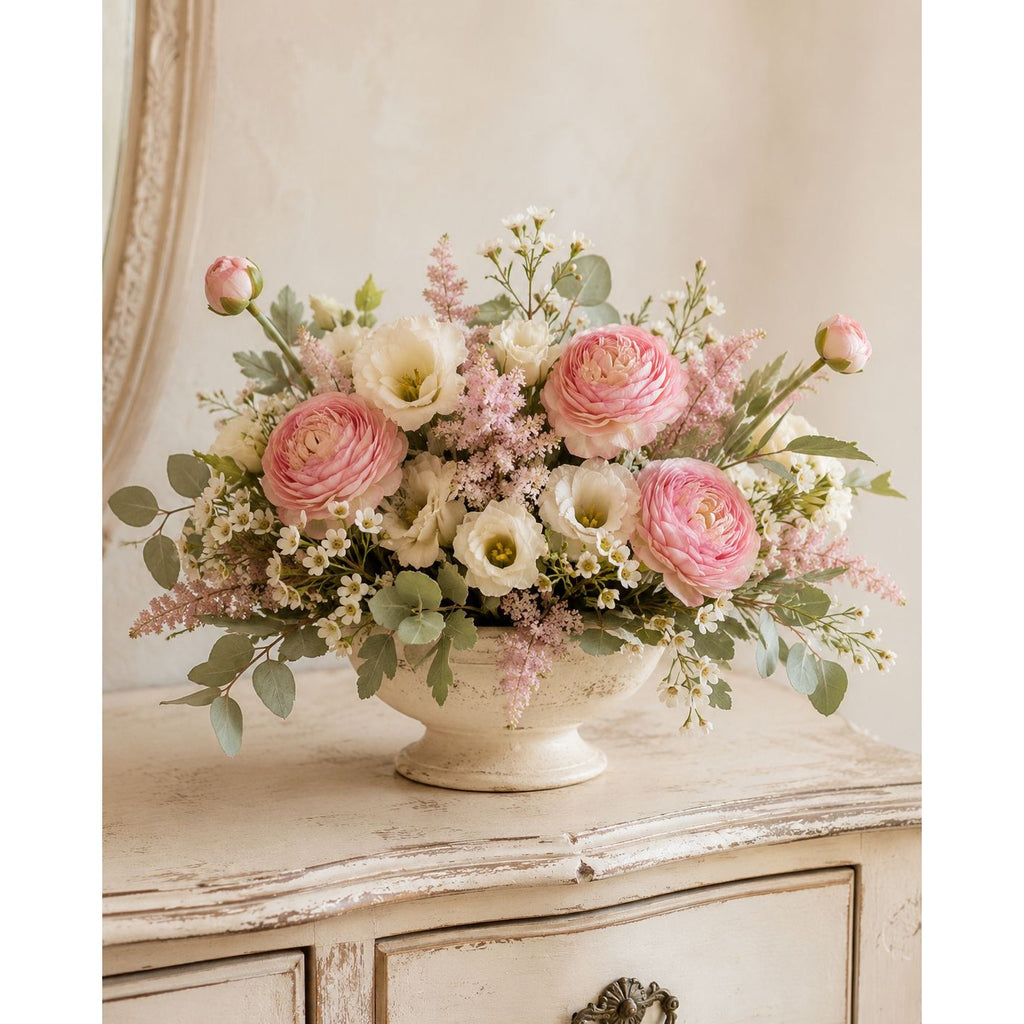 A floral arrangement of pink ranunculus, cream lisianthus, and green eucalyptus in a white pedestal bowl, displayed on a distressed cream-colored wooden cabinet.