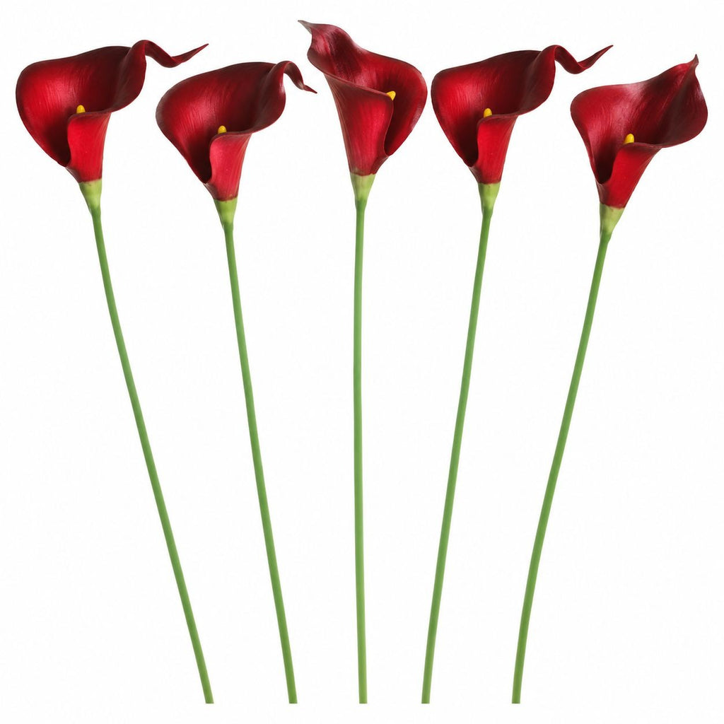 Artificial Red Burgundy Calla Lily Stems, Set of 5, 14-Inch Faux Flowers