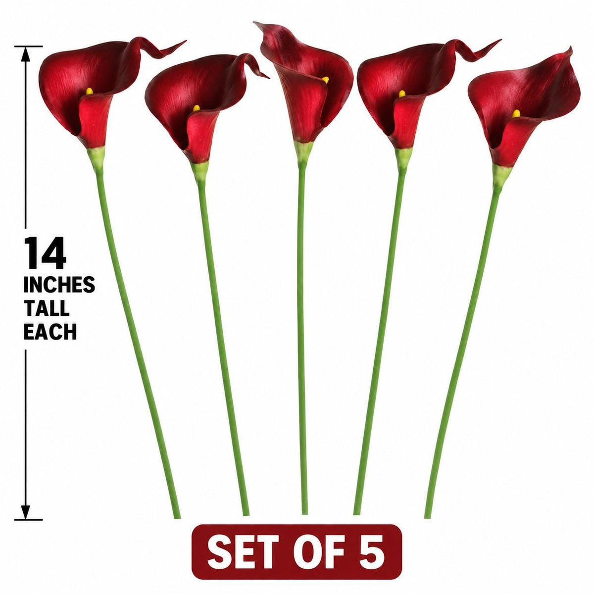 Artificial Red Burgundy Calla Lily Stems, Set of 5, 14-Inch Faux Flowers