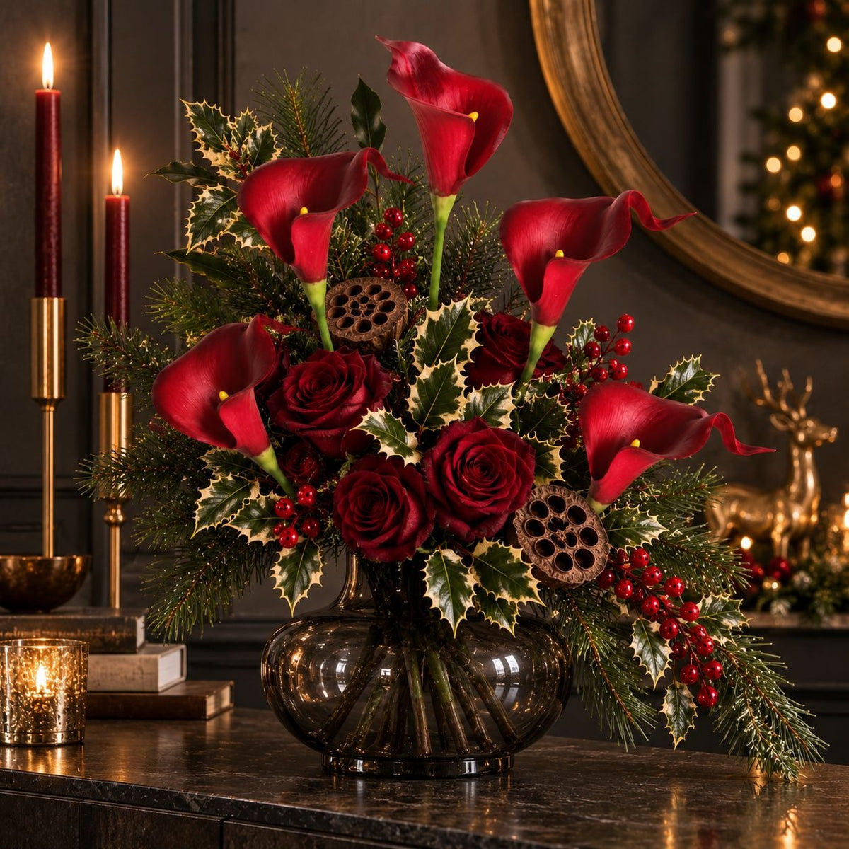 Artificial Red Burgundy Calla Lily Stems, Set of 5, 14-Inch Faux Flowers