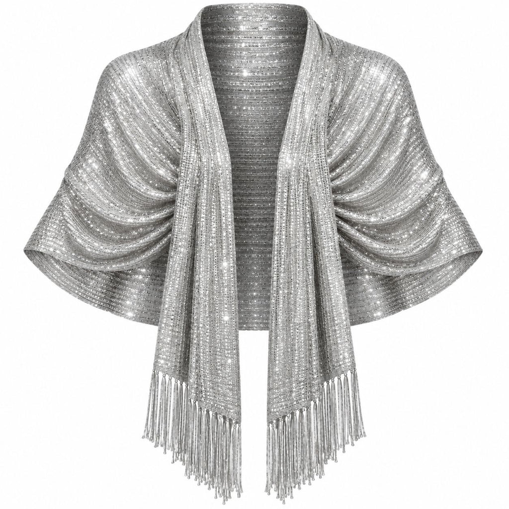 Metallic Silver Shawl Wrap 70in Fringe Evening Formal Wedding Party Stole