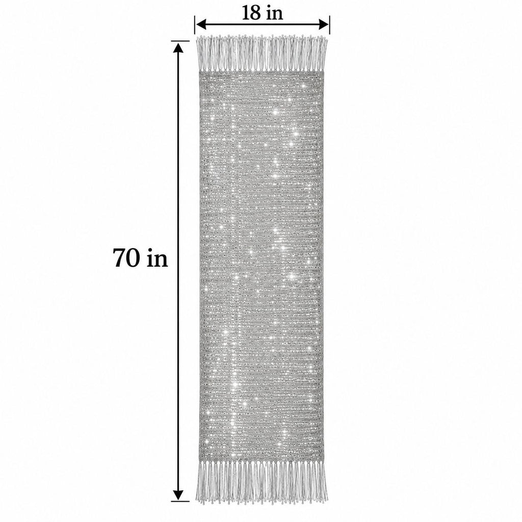 A silver sequin fringe scarf shown flat on a white background with dimension labels indicating 70 inches in length and 18 inches in width.
