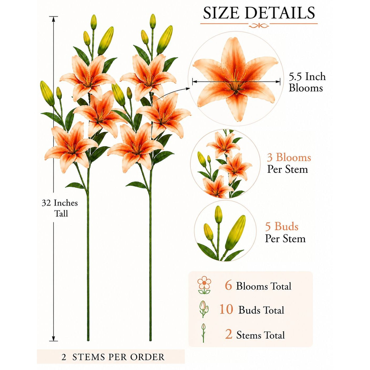 Orange Peach Real Touch Lily Stems, Faux Lily Flowers, Artificial Lilies, Fall Floral Stems, Farmhouse Decor, Autumn Flowers, Set of 2 Stems