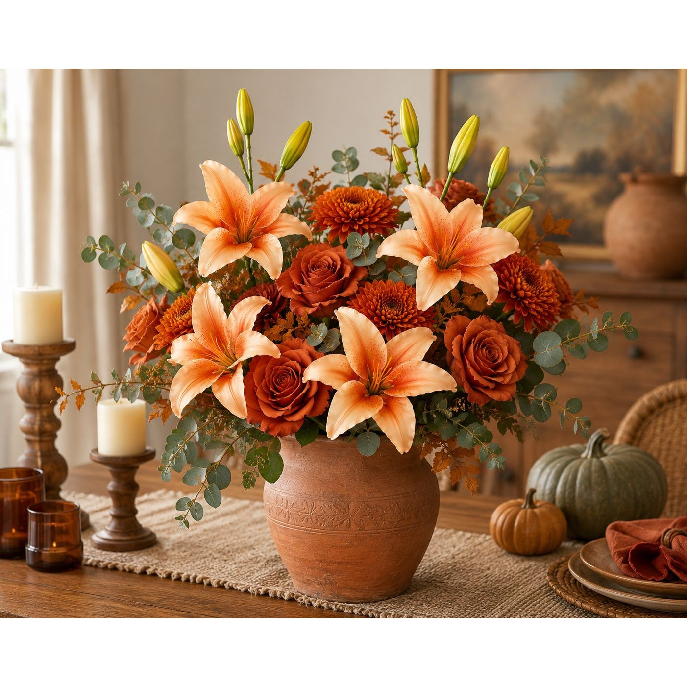 Orange Peach Real Touch Lily Stems, Faux Lily Flowers, Artificial Lilies, Fall Floral Stems, Farmhouse Decor, Autumn Flowers, Set of 2 Stems