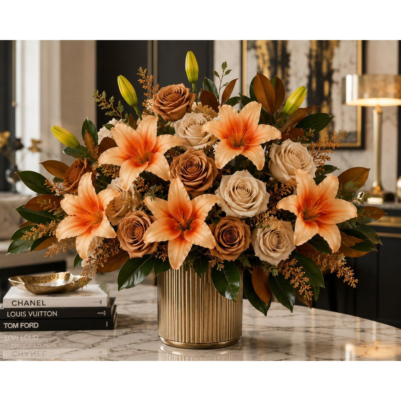 Orange Peach Real Touch Lily Stems, Faux Lily Flowers, Artificial Lilies, Fall Floral Stems, Farmhouse Decor, Autumn Flowers, Set of 2 Stems
