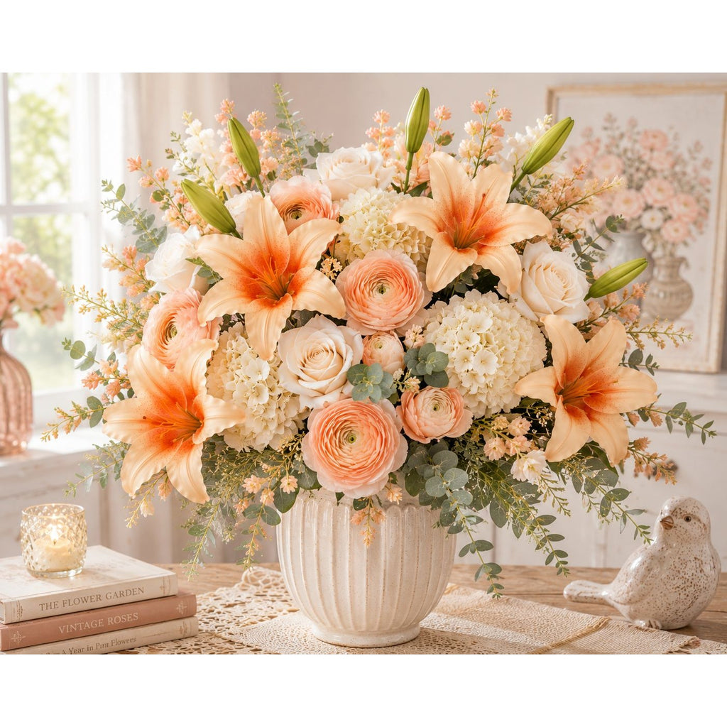 Orange Peach Real Touch Lily Stems, Faux Lily Flowers, Artificial Lilies, Fall Floral Stems, Farmhouse Decor, Autumn Flowers, Set of 2 Stems