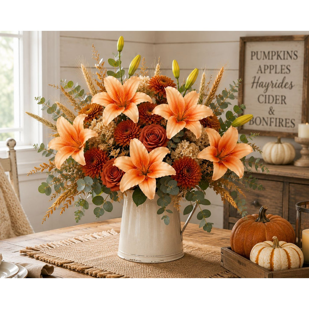 Orange Peach Real Touch Lily Stems, Faux Lily Flowers, Artificial Lilies, Fall Floral Stems, Farmhouse Decor, Autumn Flowers, Set of 2 Stems