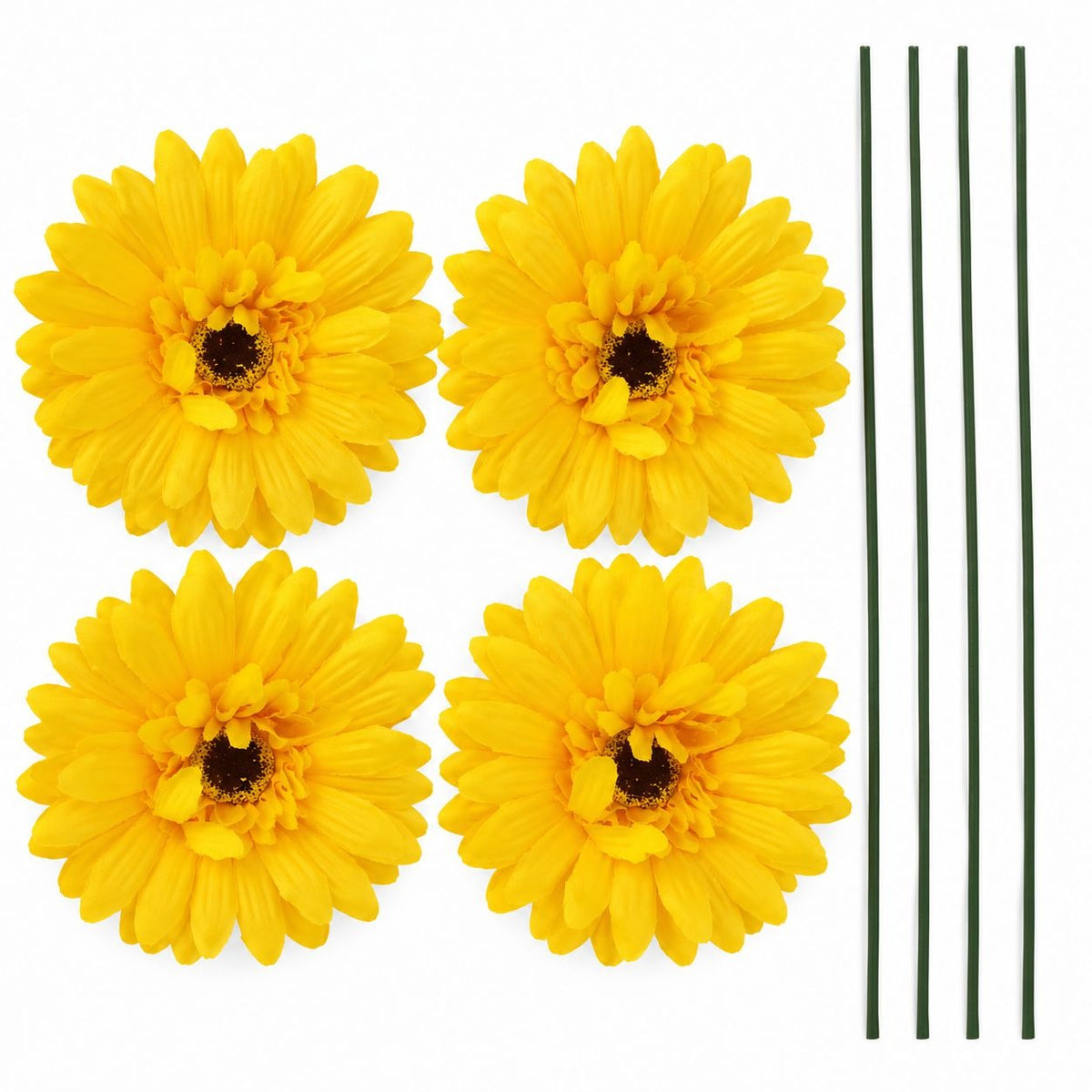 4 Yellow Artificial Gerbera Daisy Heads, 4 Inch, with Separate Wire Stems
