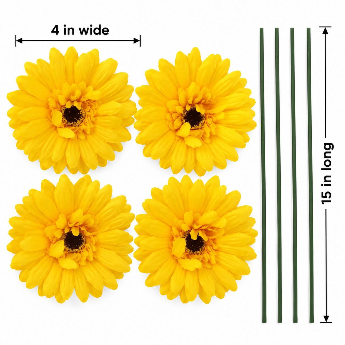 4 Yellow Artificial Gerbera Daisy Heads, 4 Inch, with Separate Wire Stems