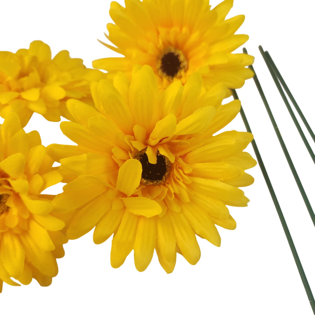 4 Yellow Artificial Gerbera Daisy Heads, 4 Inch, with Separate Wire Stems