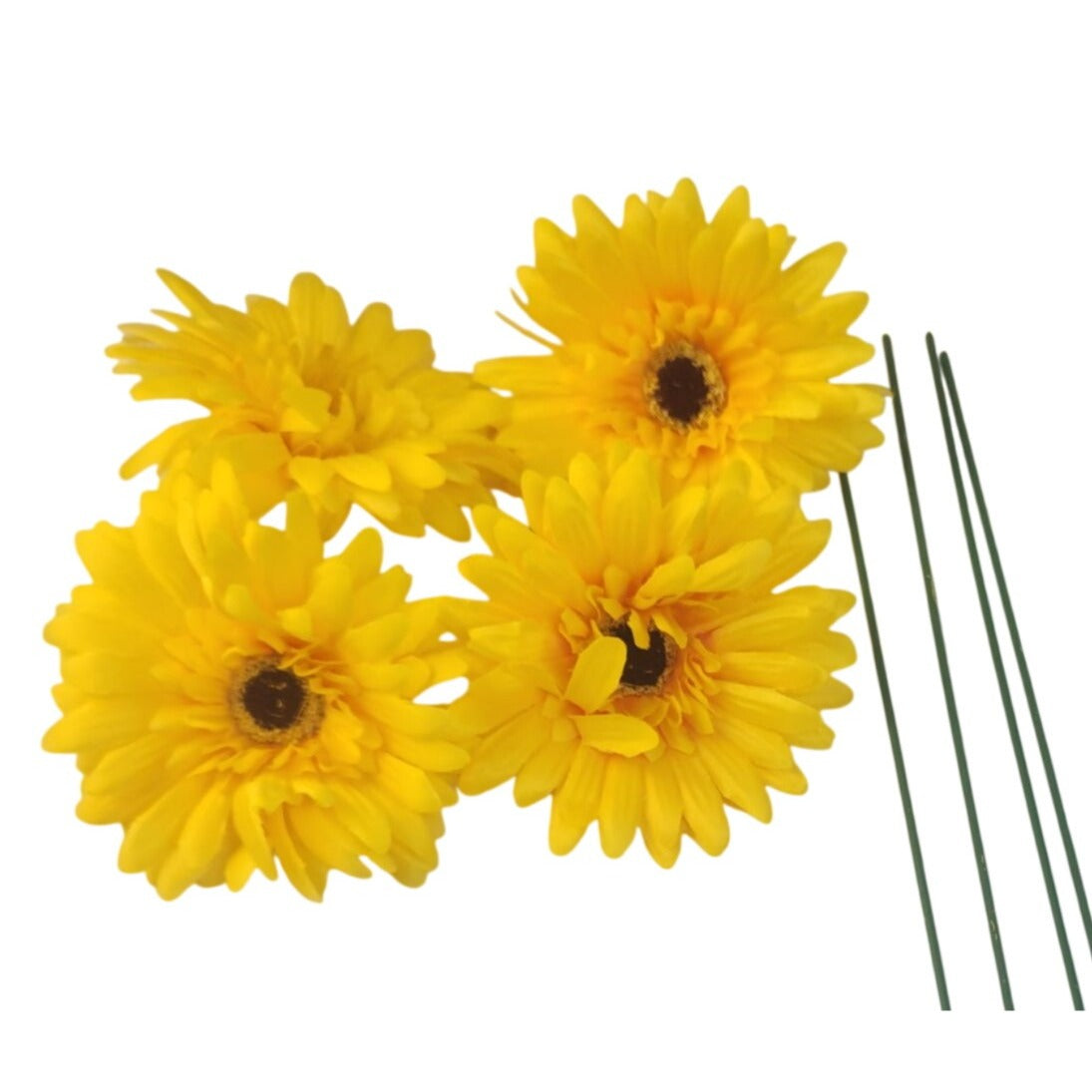 4 Yellow Artificial Gerbera Daisy Heads, 4 Inch, with Separate Wire Stems