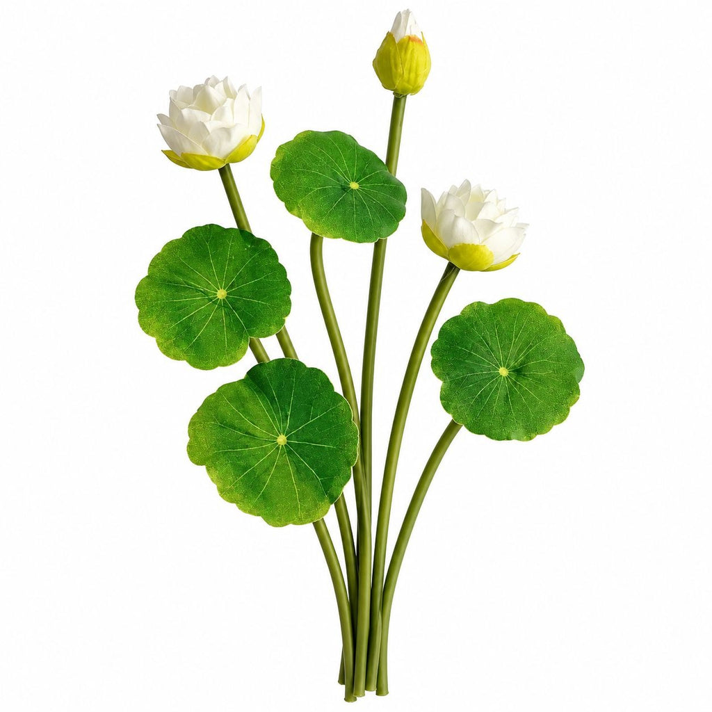 Faux White Water Lily Set, 7 Separate 10-Inch Floral Stems with Green Leaves