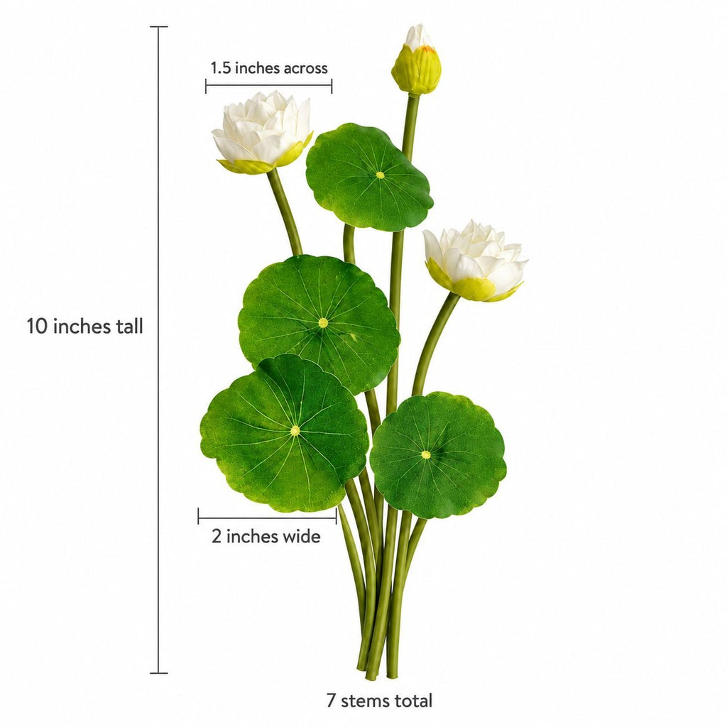 Faux White Water Lily Set, 7 Separate 10-Inch Floral Stems with Green Leaves
