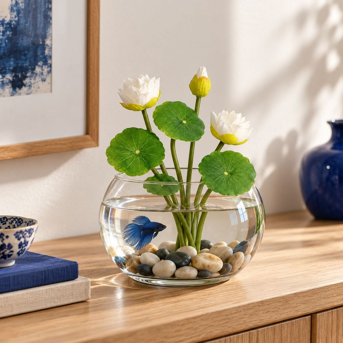 Faux White Water Lily Set, 7 Separate 10-Inch Floral Stems with Green Leaves
