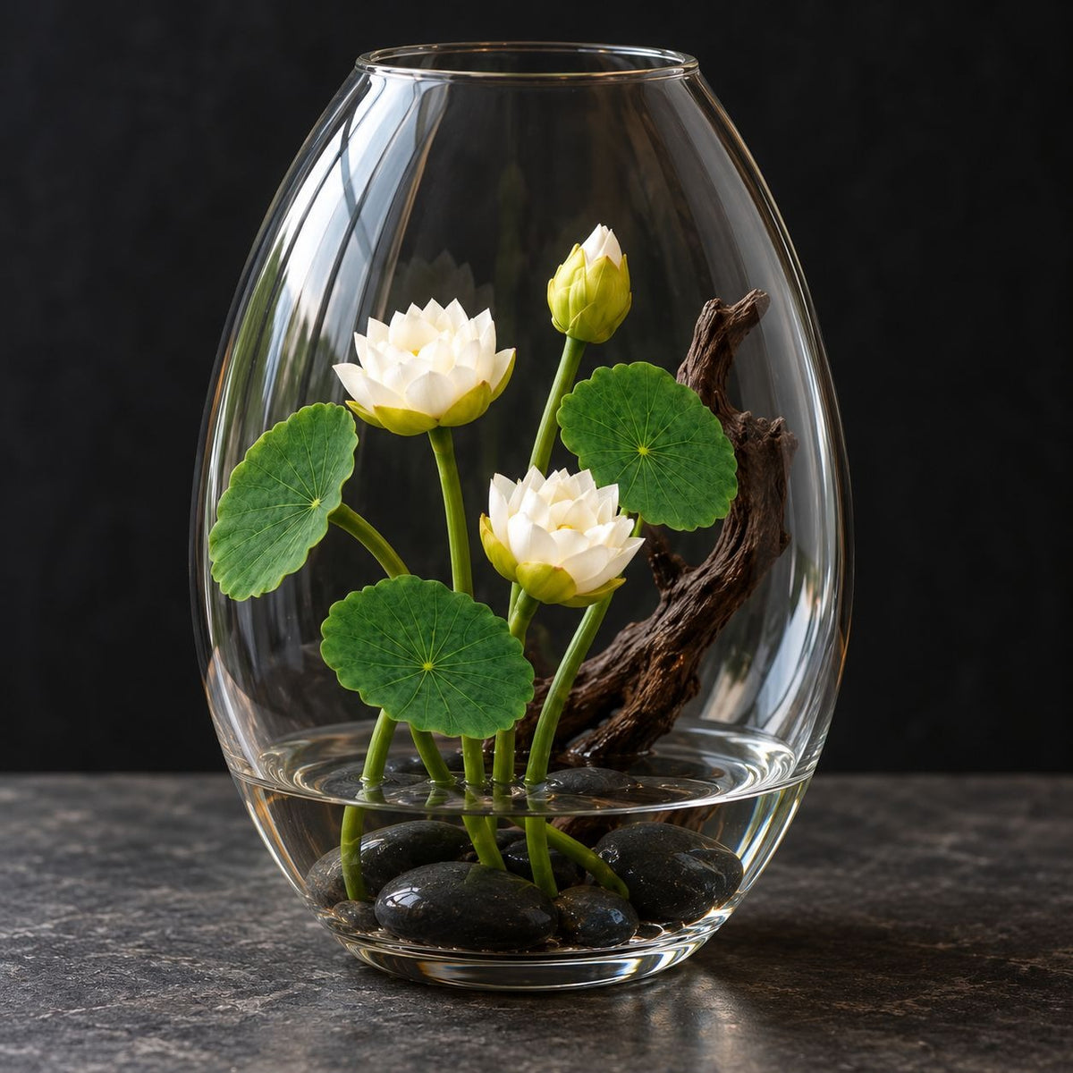 Faux White Water Lily Set, 7 Separate 10-Inch Floral Stems with Green Leaves
