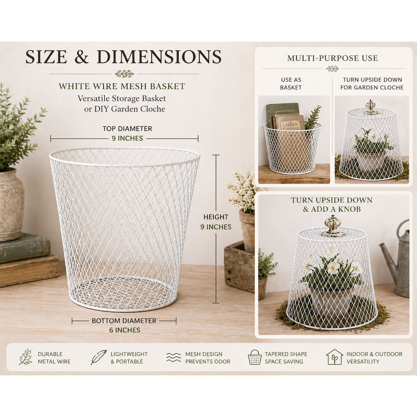 White Wire Mesh Basket Garden Cloche Plant Cover Vintage Style Chicken Protector DIY Farmhouse Decor
