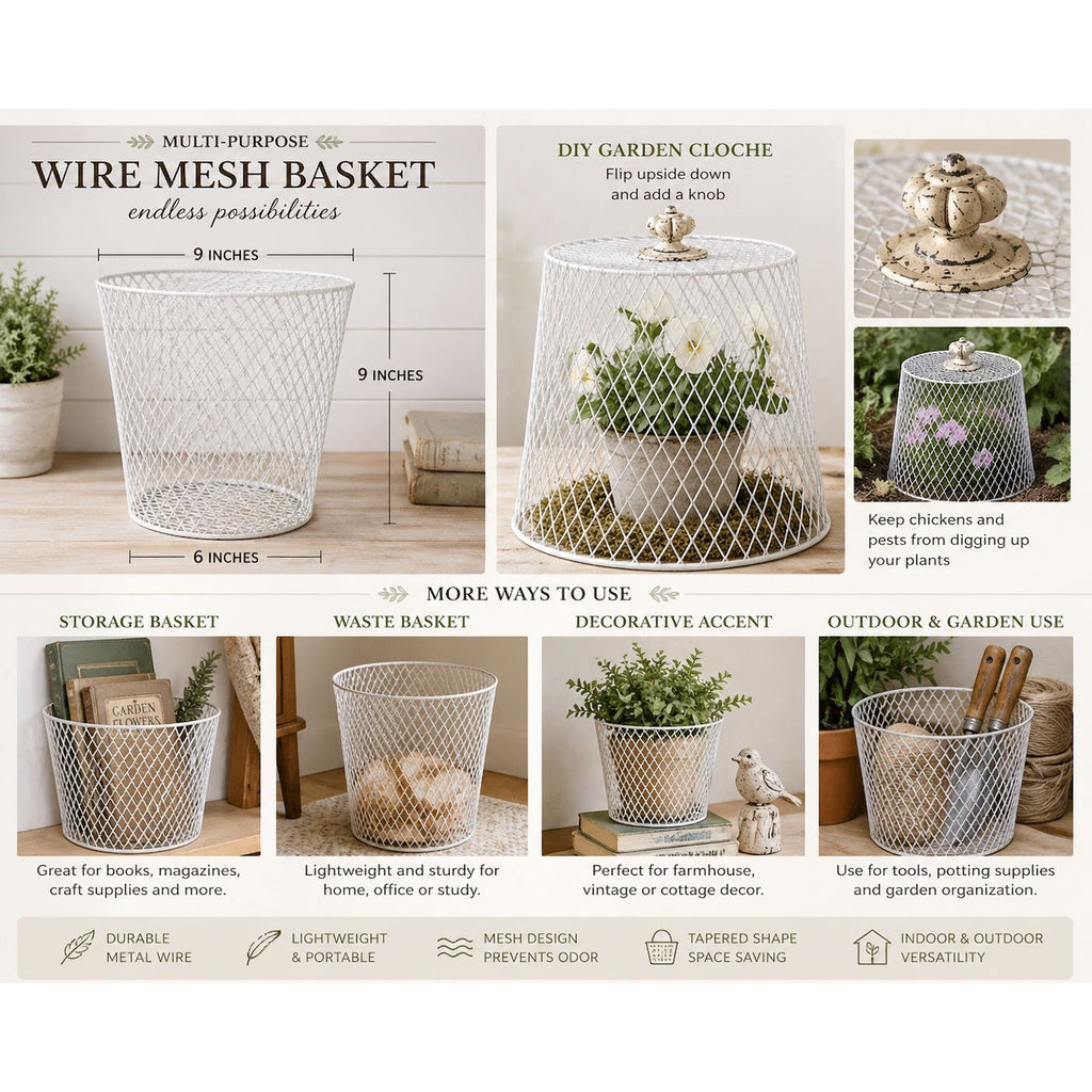 White Wire Mesh Basket Garden Cloche Plant Cover Vintage Style Chicken Protector DIY Farmhouse Decor