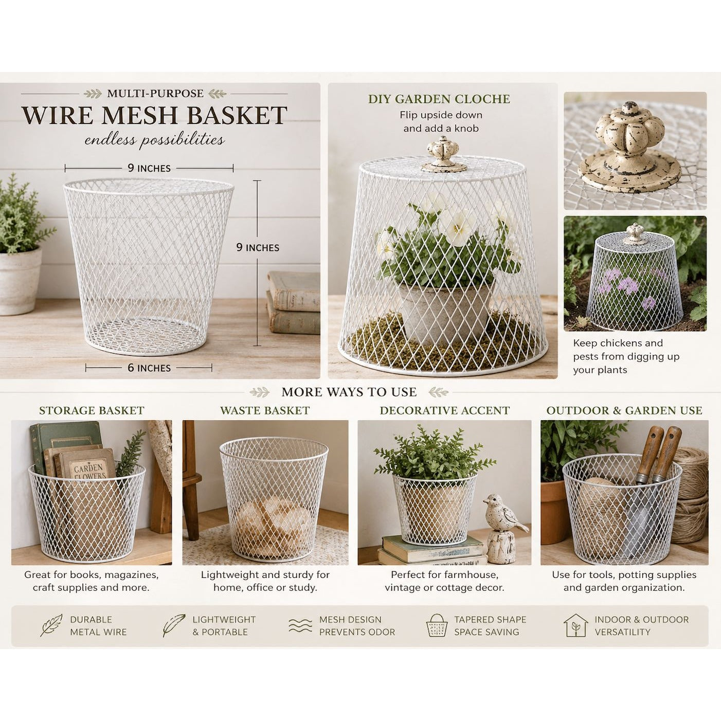 White Wire Mesh Basket Garden Cloche Plant Cover Vintage Style Chicken Protector DIY Farmhouse Decor