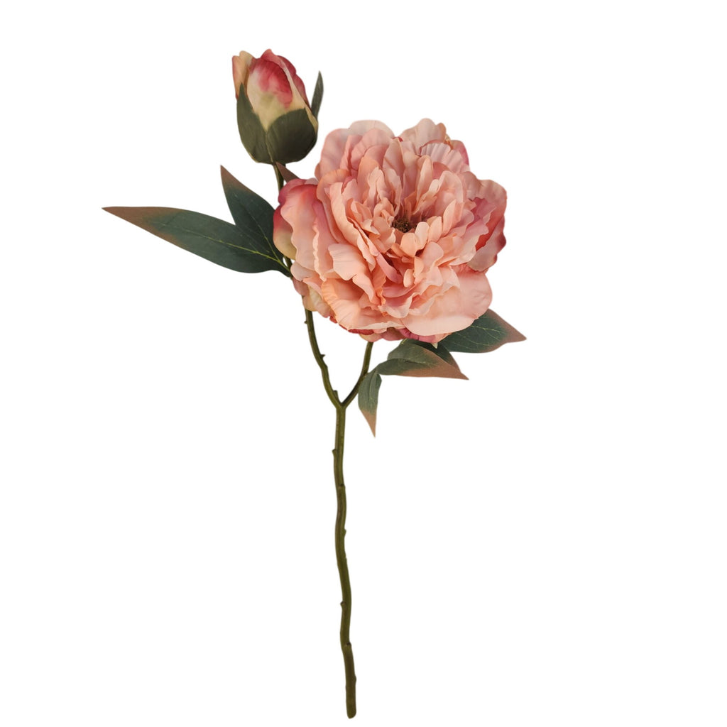 Peach Coral Faux Peony Stem 18 Inch Wedding Artificial Silk Flower Cream Center