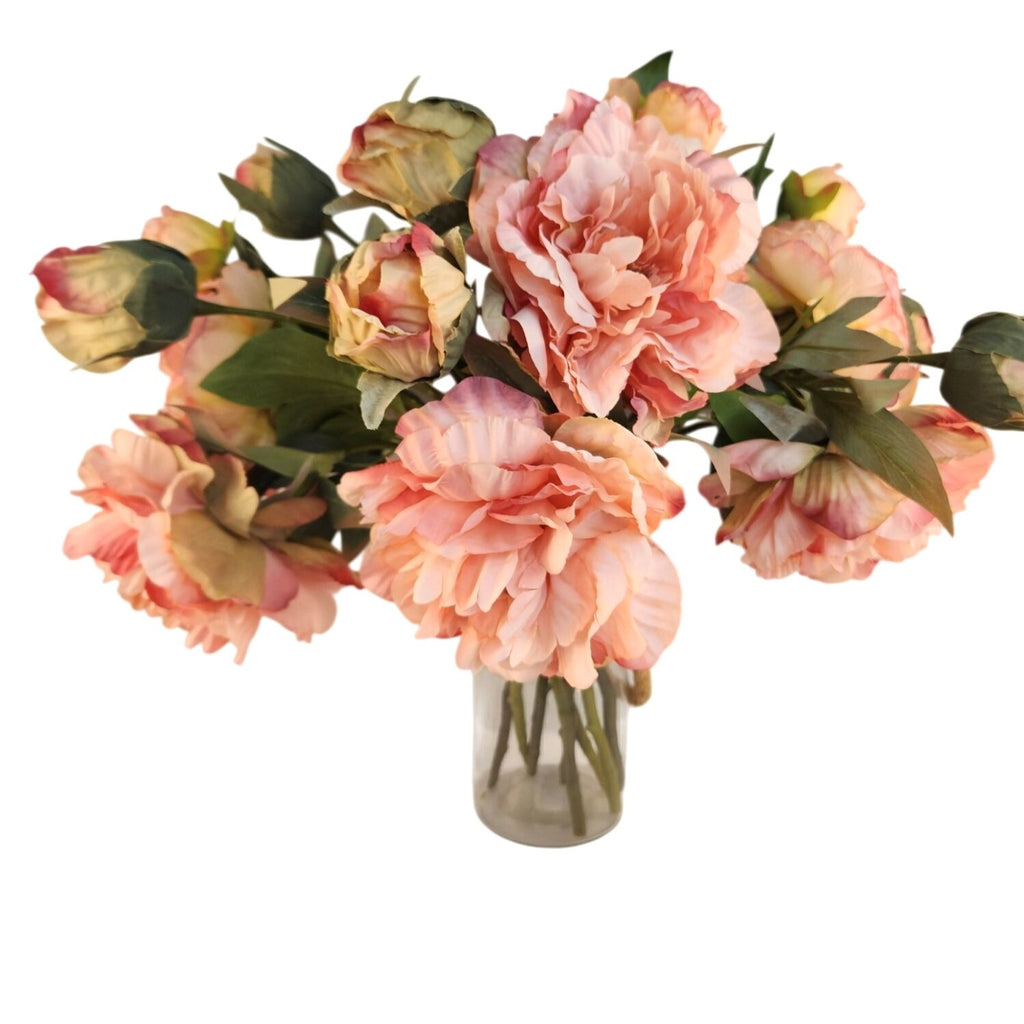 Peach Coral Faux Peony Stem 18 Inch Wedding Artificial Silk Flower Cream Center