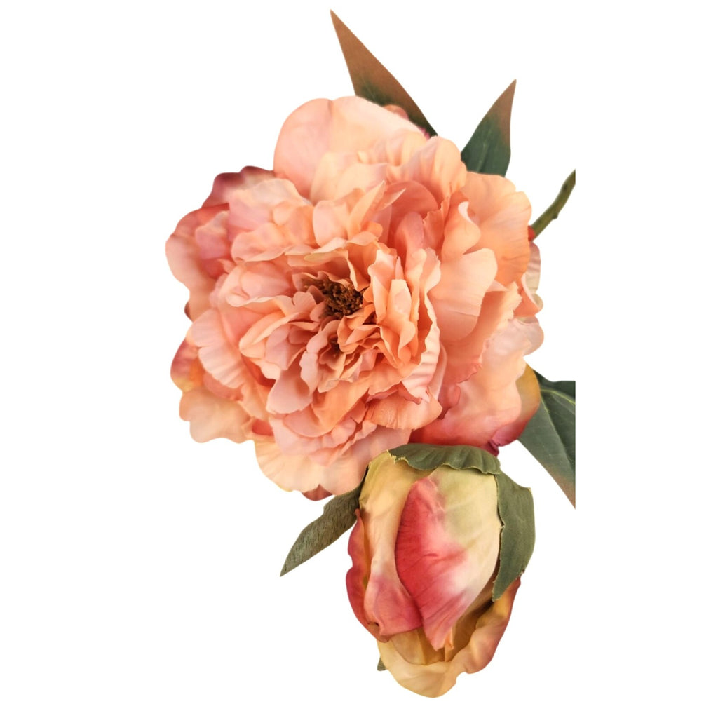 Peach Coral Faux Peony Stem 18 Inch Wedding Artificial Silk Flower Cream Center
