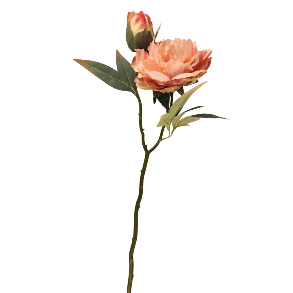 Peach Coral Faux Peony Stem 18 Inch Wedding Artificial Silk Flower Cream Center