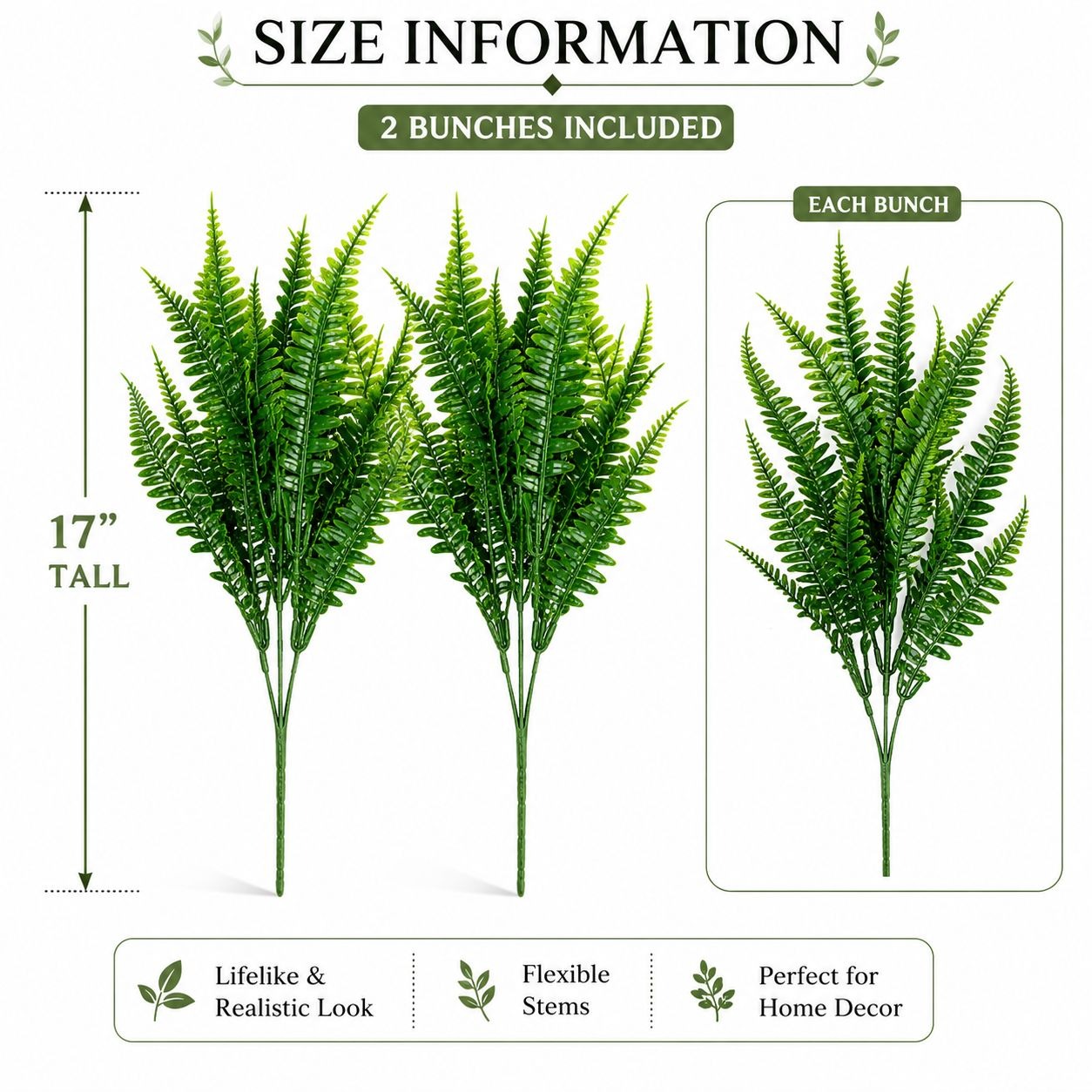 Artificial fern plants with size information and features on a white background