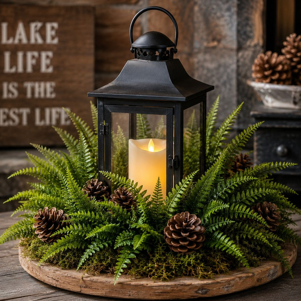 Decorative lantern with candle surrounded by ferns and pinecones on a wooden surface.