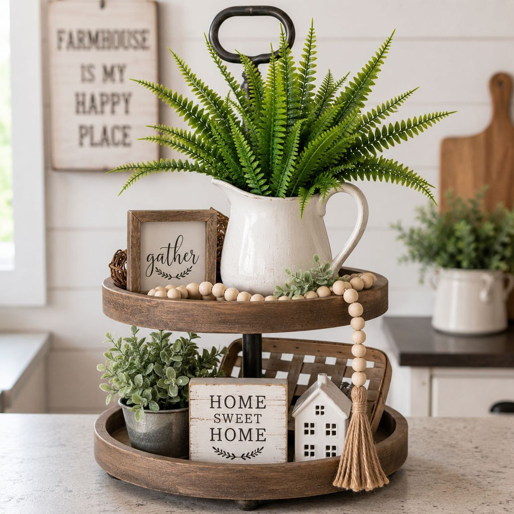 Three-tiered wooden tray with plants, decor items, and a white mug in a kitchen setting.