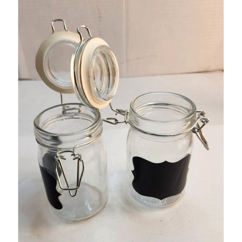 Set Of 2 Glass Chalkboard Label Jars With Hinged Lids & Metal Clamps