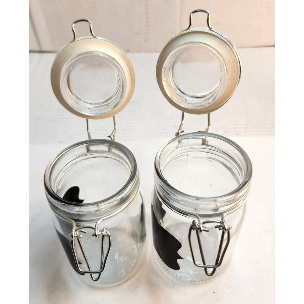 Set Of 2 Glass Chalkboard Label Jars With Hinged Lids & Metal Clamps
