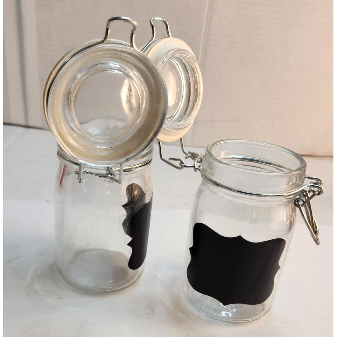 Set Of 2 Glass Chalkboard Label Jars With Hinged Lids & Metal Clamps
