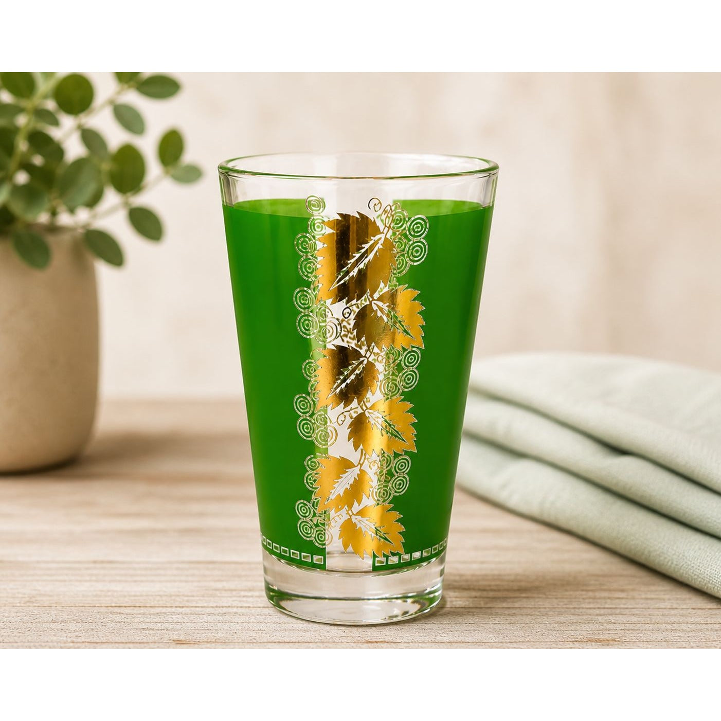 Vintage Libbey Green Grape Leaf Glass | Gold Leaf Barware | Mid Century Cocktail Tumbler | 1950s Retro Drinking Glass | Replacement Glass