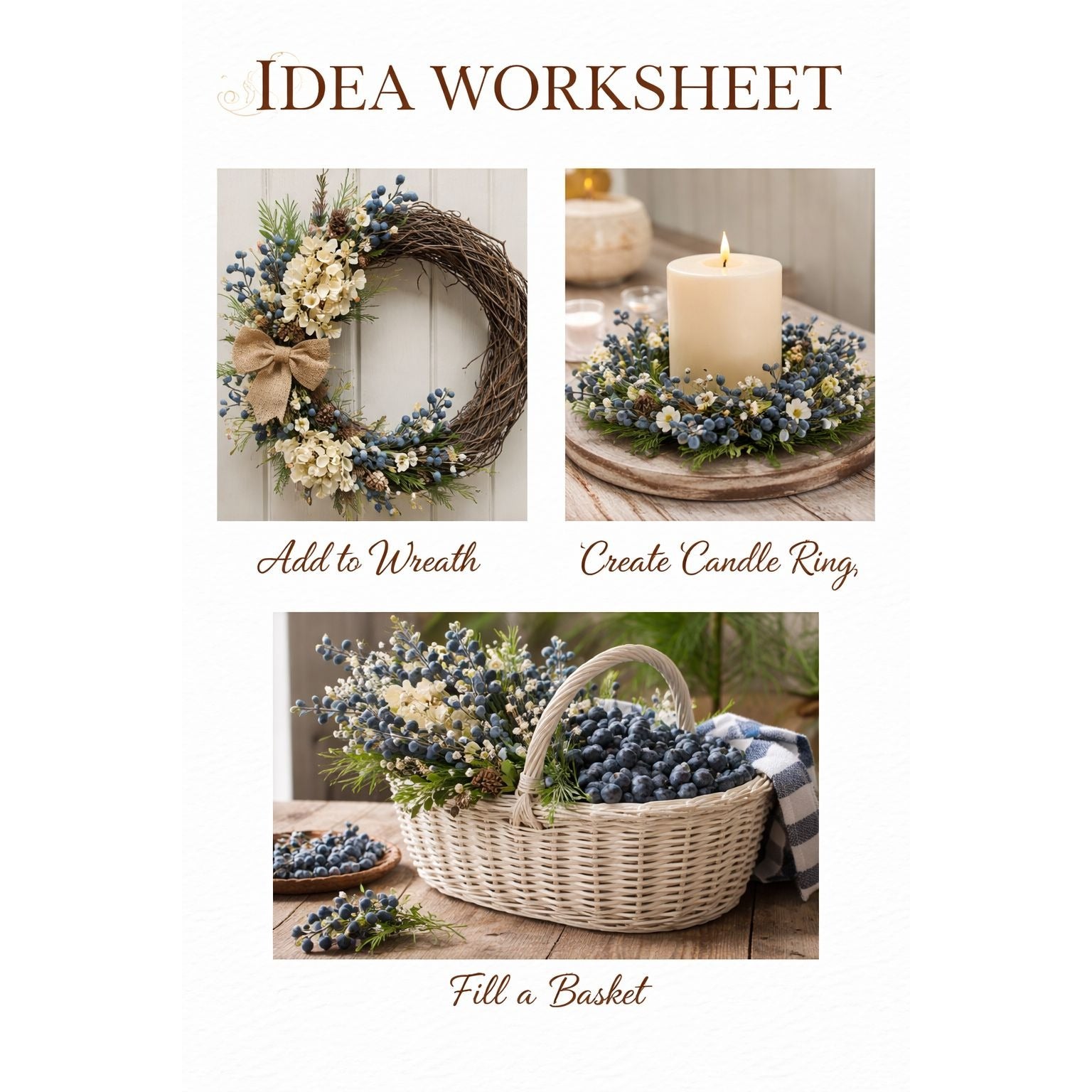 Artificial Blueberry Stems Faux Huckleberry Berries Floral Picks Wreath Supply Set of 2