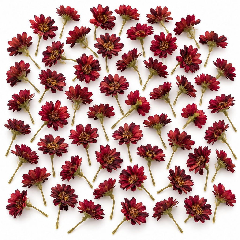 42 Burgundy Mini Daisy Flowers, 1 Inch Artificial Silk Wine Red Craft Blooms
